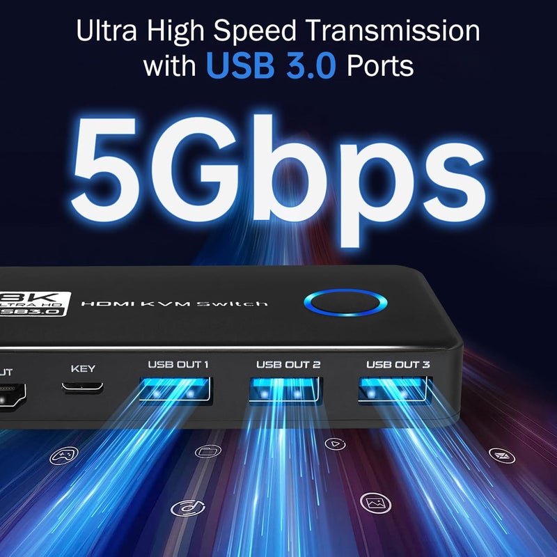 Suceem KVM Switch 1 Monitor 2 Computers - 8K@60Hz HDMI 2.1 KVM Switches with 3 USB 3.0 Ports for Sharing Monitor Keyboard Mouse Hard Drives and Printer Includes 2 HDMI & USB Cables and Controller - Image 5